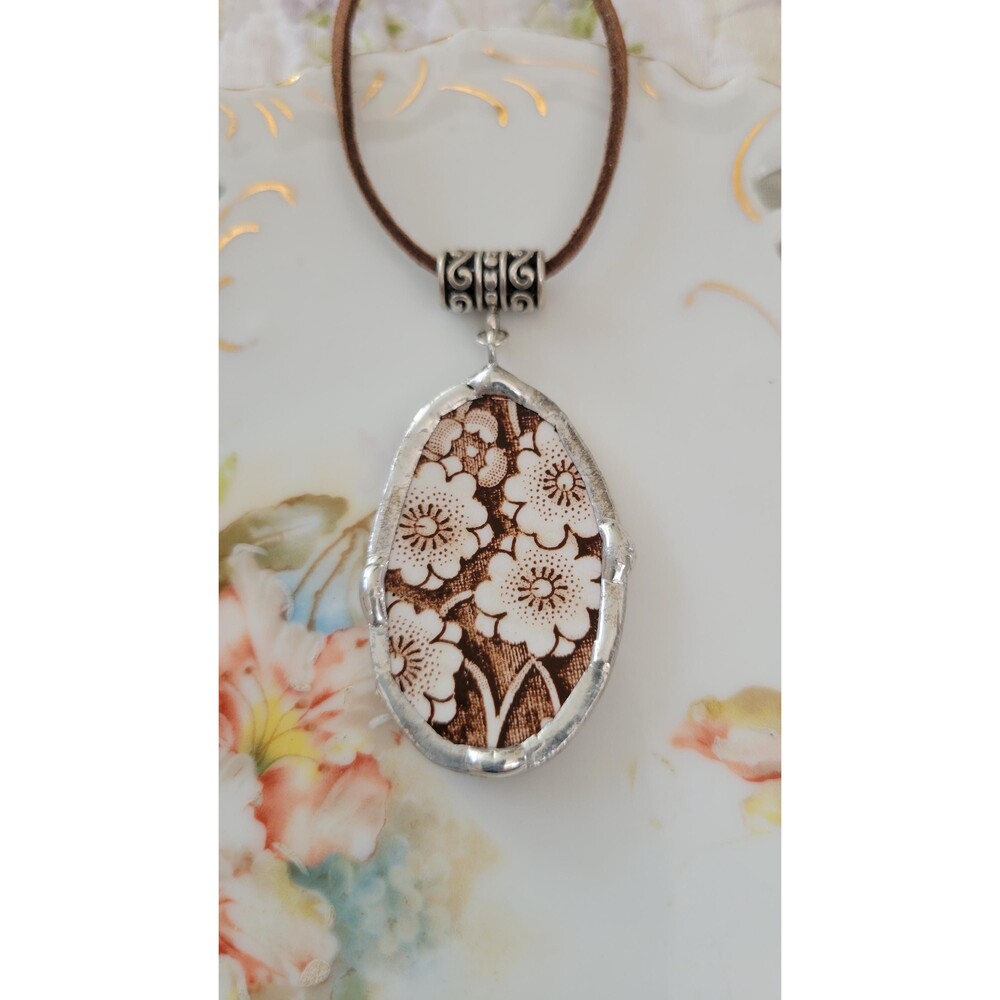 Broken China "Calico Brown by Staffordshire" Floral Soldered Pendant Necklace